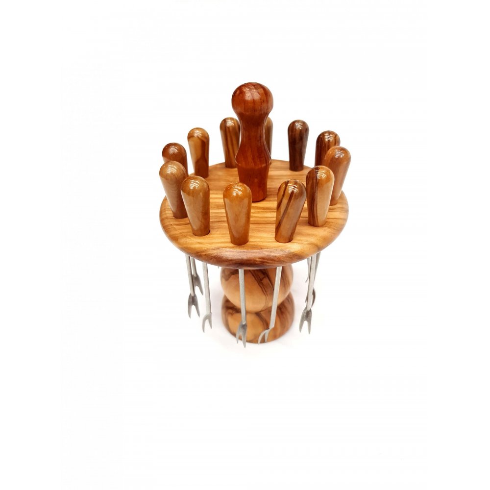  Handmade carousel from olive wood, with 6pcs. handled picks-forks